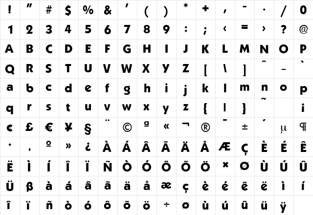 KoblenzSerial-Xbold Regular  glyph index