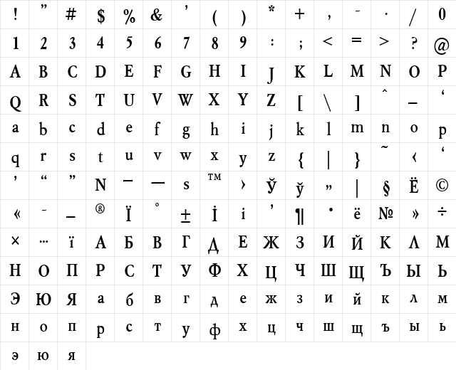 Mysl Narrow Bold  glyph index