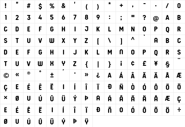 Budokan Rounded Bold  glyph index