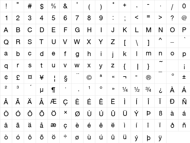 Nimbus Sans Becker No5T Regular  glyph index