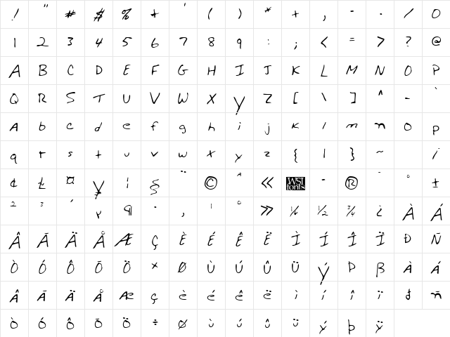WeldonsHand Regular  glyph index