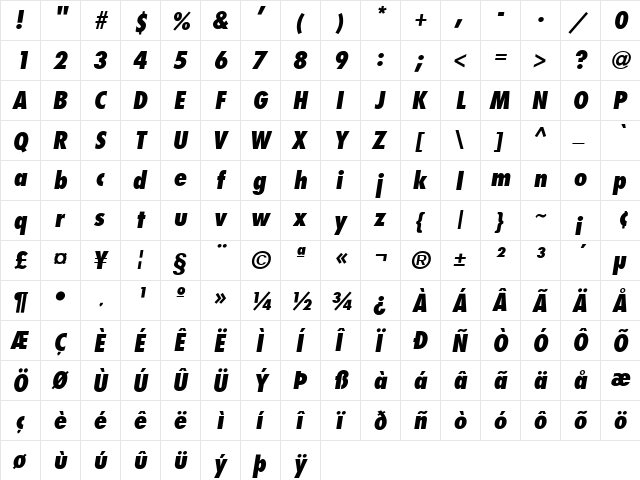 FujiyamaExtraBold Italic  glyph index