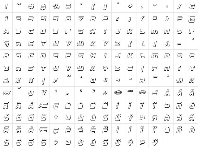 Edge Racer 3D Italic Italic  glyph index