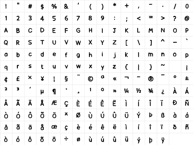 Hairy Beard Regular  glyph index