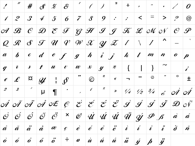 Ballantines Script EF Bold Regular  glyph index