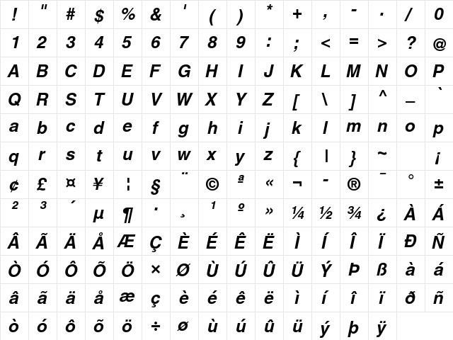 Helvetica World Bold Italic  glyph index