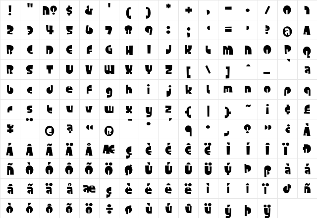 Foonky Regular  glyph index