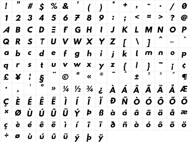 Hussar Techniczny Bold  glyph index