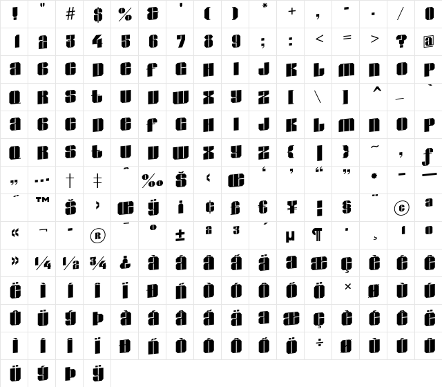 a_GladeUp Regular  glyph index