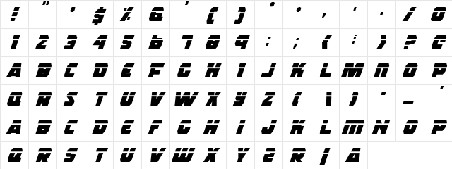 Rogue Hero Laser Italic Laser Italic  glyph index