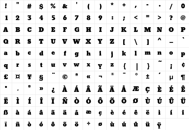 BetonEF ExtraBold  glyph index