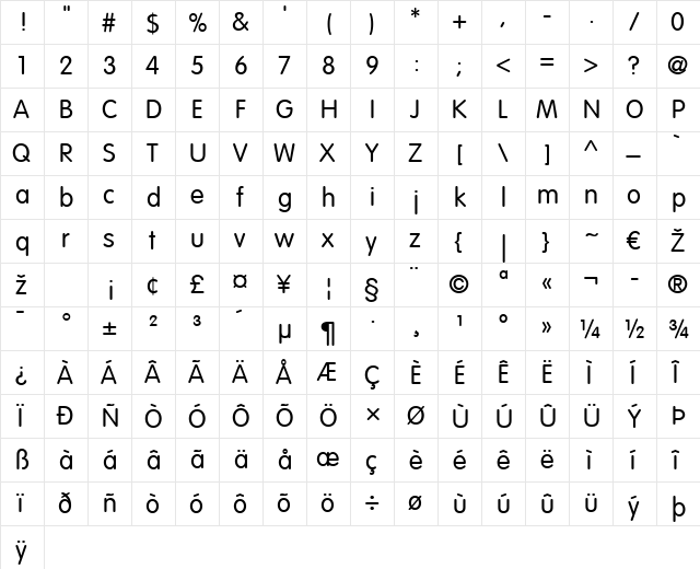 VAGRounded LT Light Regular  glyph index