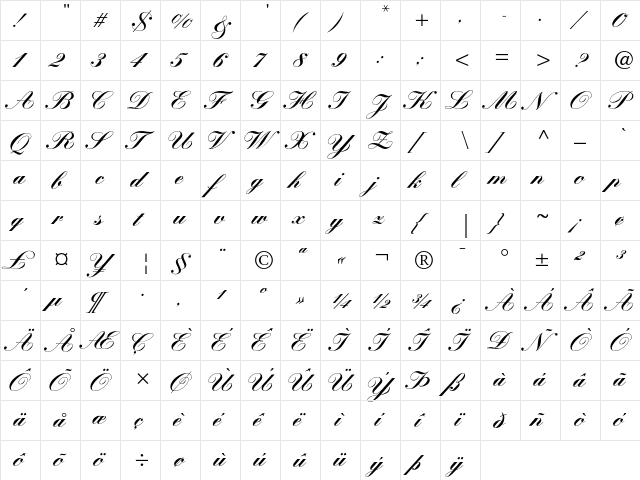 Kuenstler Script Black  glyph index