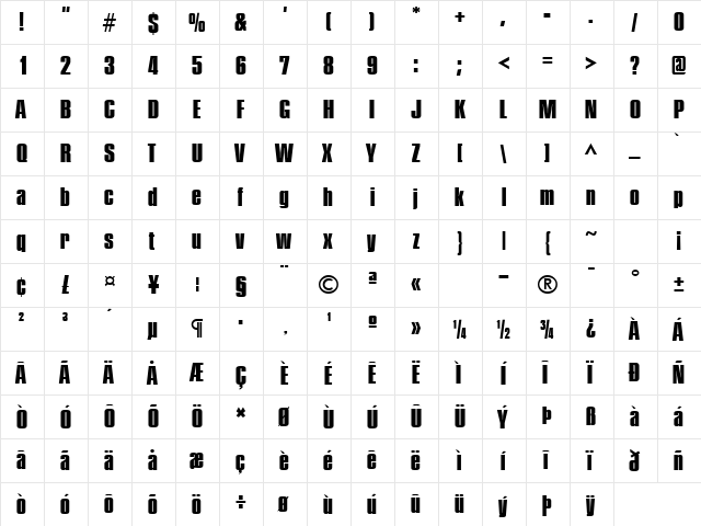 Hardcore Regular  glyph index