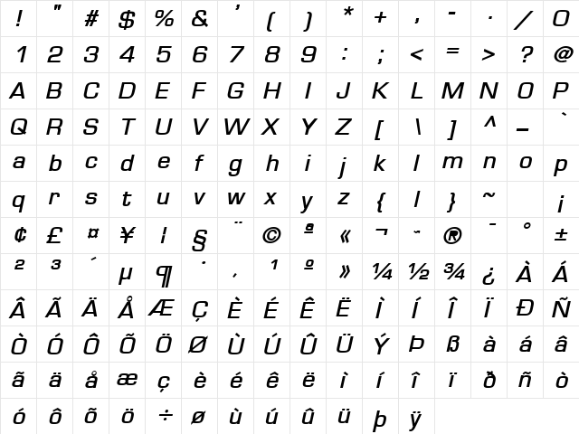 Eurasia Wide BoldItalic  glyph index
