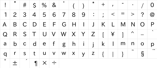 IPAUIGothic Regular  glyph index