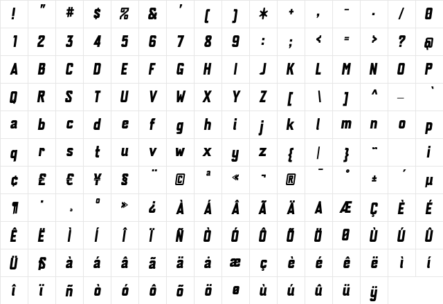 PaggioBold Oblique Regular  glyph index