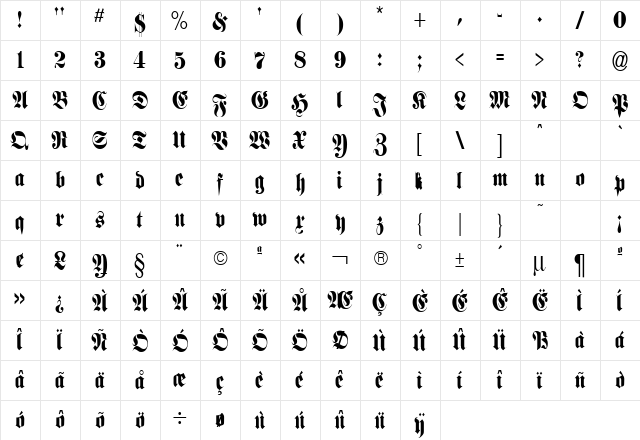 Fraktur Plain  glyph index