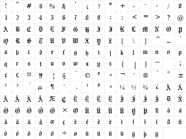 Engraved Condensed Normal  glyph index