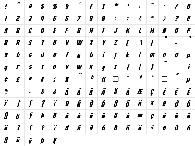 Bayformance Italic  glyph index