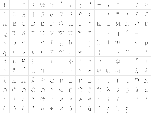 LHF Light Face Roman Regular  glyph index