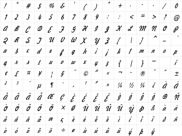 Jott 44-Condensed Italic  glyph index
