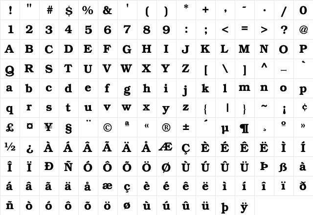 Bookman-Demi Regular  glyph index
