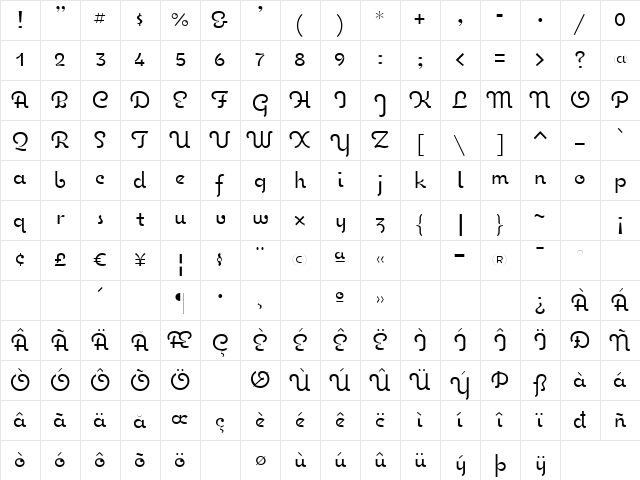 Coquette Bold Regular  glyph index