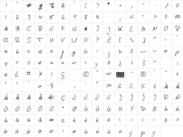 GlennsHand Regular  glyph index