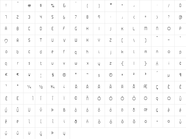 KazooThin Regular  glyph index