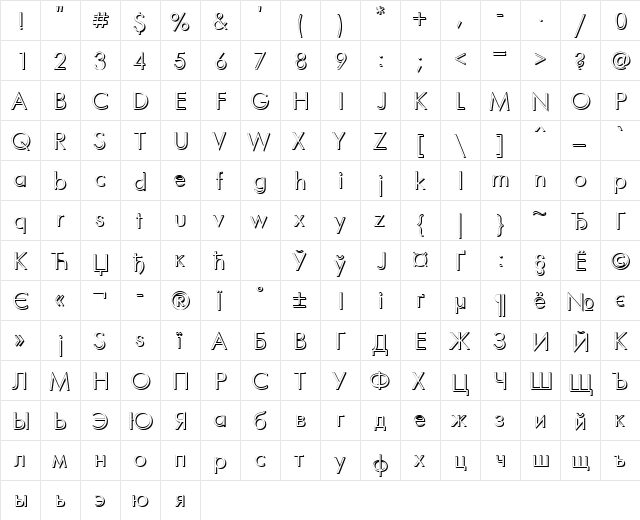 FuturisVolumeCTT Regular  glyph index