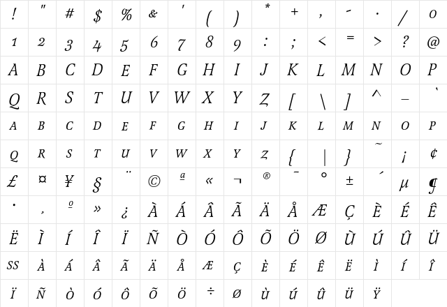 LatienneEF ItalicSC  glyph index