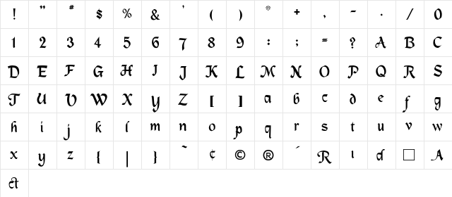 RSMacHumaine Regular  glyph index