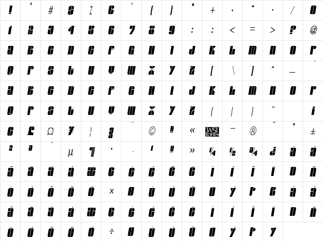 GroverThin Italic  glyph index