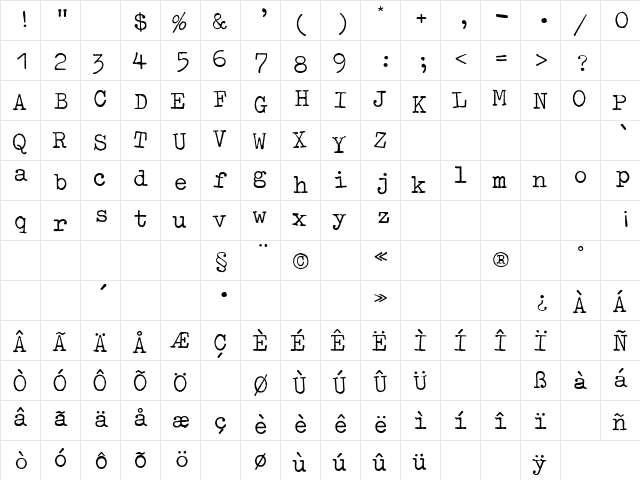 OldTypewriterRegA Regular  glyph index