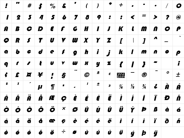 Blimpo Italic  glyph index