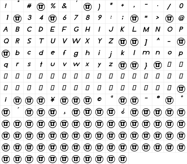 LJ Design Studios IS Bold Italic  glyph index