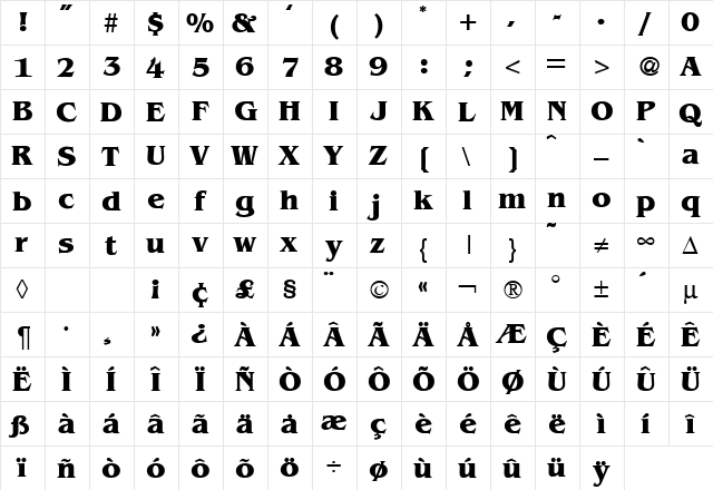 BenjaminSerif Bold  glyph index