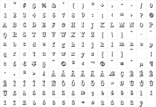 CalgaryShadow Bold  glyph index