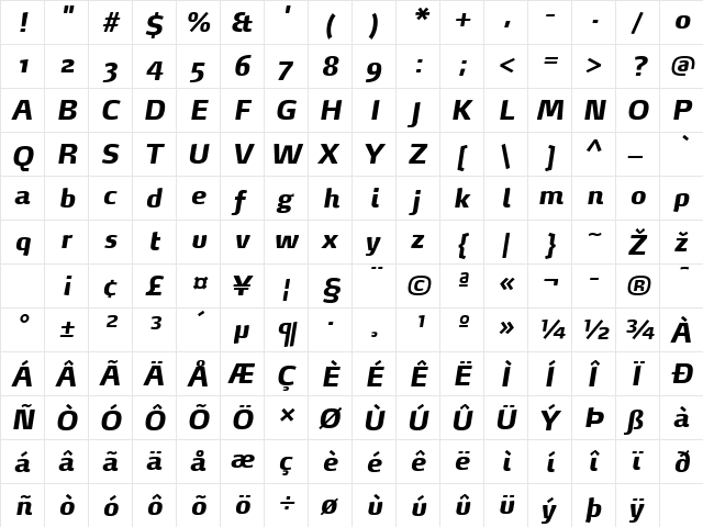 MaxDemiSerif-ExtraBoldItalic Regular  glyph index