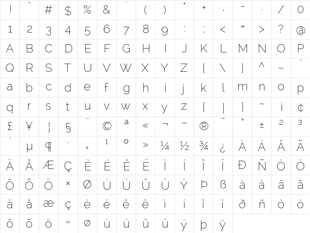 Raleway ExtraLight  glyph index