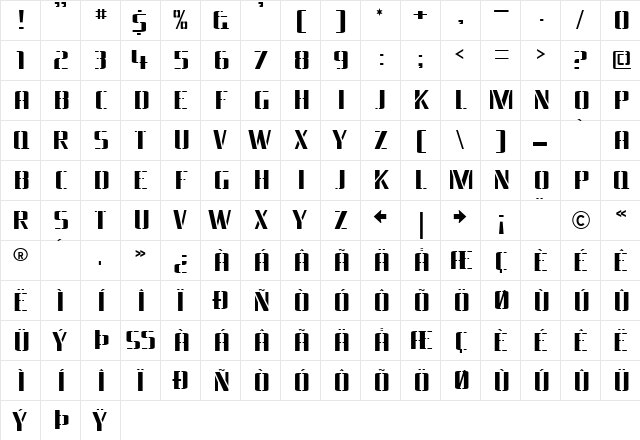 Braeside Lumberboy  glyph index