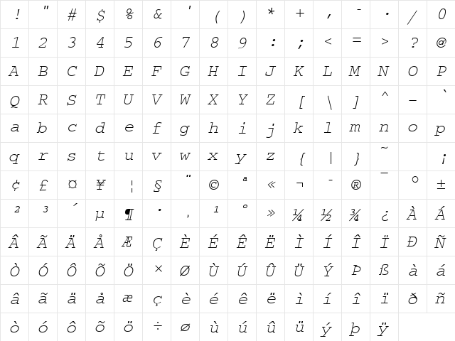 Courier Becker Oblique  glyph index