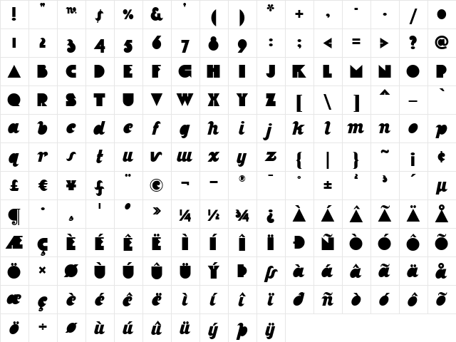 La Moda NF Regular  glyph index