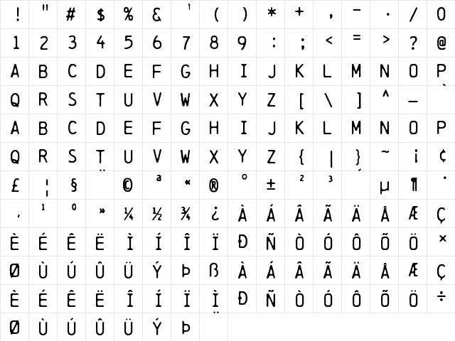 Chainprinter Regular  glyph index