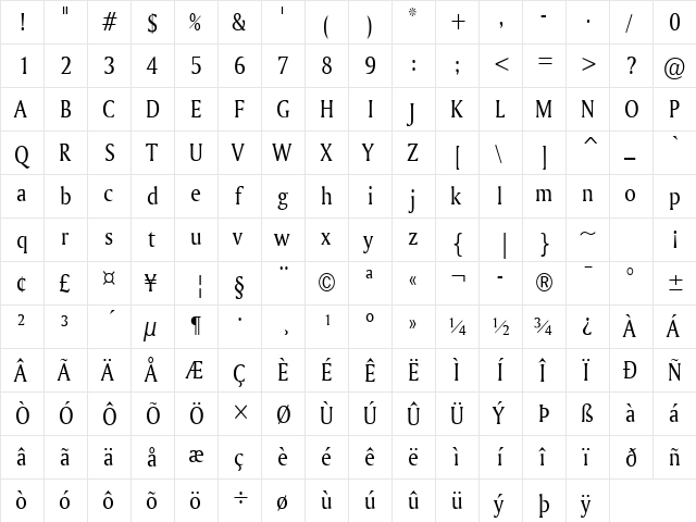 Ameretto Condensed Normal  glyph index