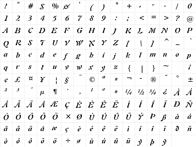 Freefrm721 BT Bold Italic  glyph index