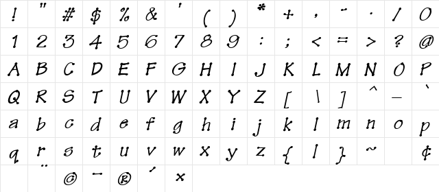 TinkerToy HeavyOblique  glyph index