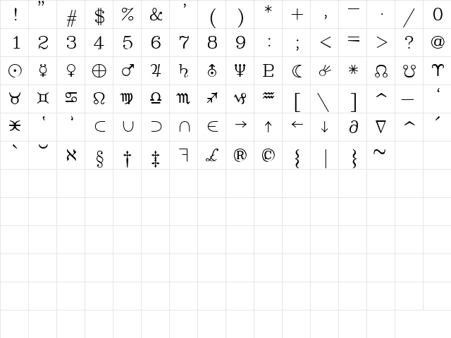SWAstro Regular  glyph index