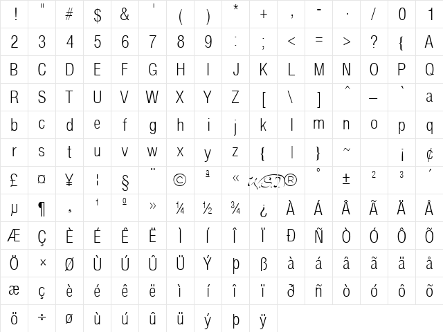 Arena Cond Light Regular  glyph index